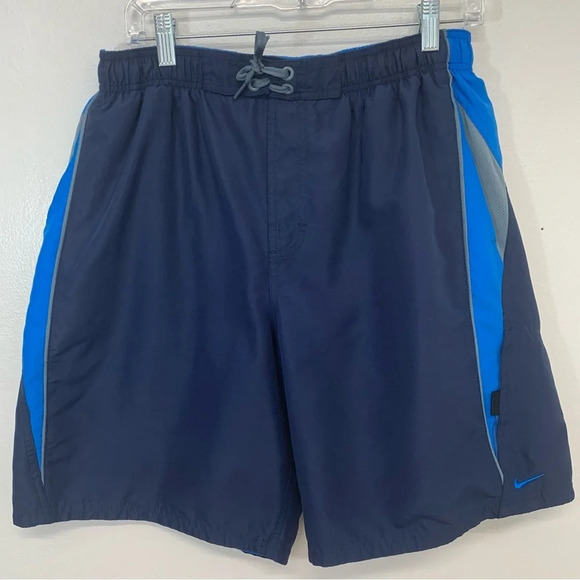 Nike Swim Trunks Men Large Blue  Pockets Elastic Waist Brief Logo‎ Beach Travel - Picture 1 of 11